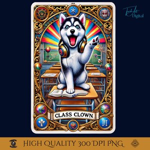 Arte de Tarô do Palhaço da Turma com Husky, Imprimível Engraçado para Sala de Aula com Cachorro, Decoração de Parede com Filhote Engraçado, Download Digital de Cachorro Travesso, Humor Colorido com Animais de Estimação