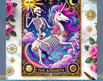 Skeleton Riding Rainbow Unicorn Tarot Card PNG – Gothic Mystical Art (Digital Download)