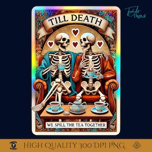 Lustige beste Freunde Skelett Tarot Karte PNG | Bis dass der Tod gemeinsam den Tee vergießt | Gothic LGBTQ Freundschaft Digital Art.