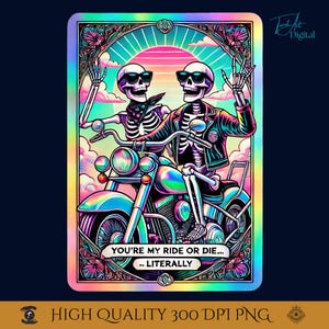 Carta del Tarot Esqueleto Ride or Die PNG / Arte digital divertido LGBTQ para mejores amigos / Descarga de imágenes prediseñadas de motocicleta del orgullo queerใ