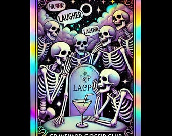 Graveyard Gossip Club Tarot Card PNG: Funny Spooky Skeleton Clipart (Digital Download)