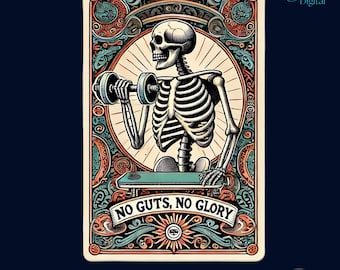 Gothic Skeleton Workout PNG: No Guts, No Glory Fitness Art (Digital Download)