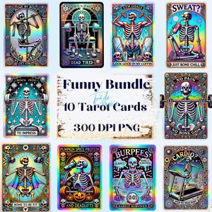 Paquete de cartas del tarot divertidas PNG para descargar digitalmente: conjunto de 10 diseños de esqueletos de fitness holográficos: ilustraciones humorísticas de gimnasio extravagantes. esqueleto gimnasio humor