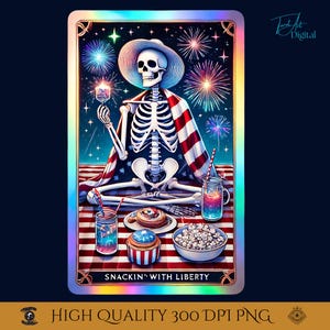 Snackin With Liberty Skeleton Picnic Tarot Card PNG Arte Patriótica Digital para o Quatro de Julho Fogos de Artifício Piquenique Foodie Download.