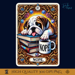 Imprimível engraçado de tarô de buldogue, arte de parede de cachorro preguiçoso "NÃO", download digital de cachorro exausto da escola, ilustração fofa de cachorro que toma café.