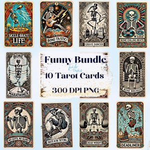 Paquete divertido de cartas del tarot de esqueleto: descarga digital de 10 diseños PNG únicos, ilustraciones góticas humorísticas para proyectos de impresión y manualidades.
