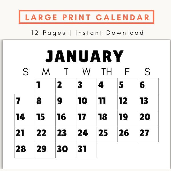 Large Print Monthly Calendar, 2024 Calendar, Senior Citizen Calendar, Calendar with Large Numbers, Sunday Start Calendar, Printable PDF