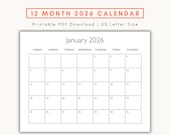 12 Month Printable Calendar | Simple Monthly Calendar PDF | Minimal Yearly Planner | 2026 | Instant Download