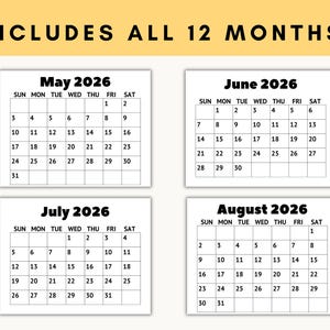 Jumbo print calendar printable showing full year of 12 monthly pages (May - August) with consistent easy read layout