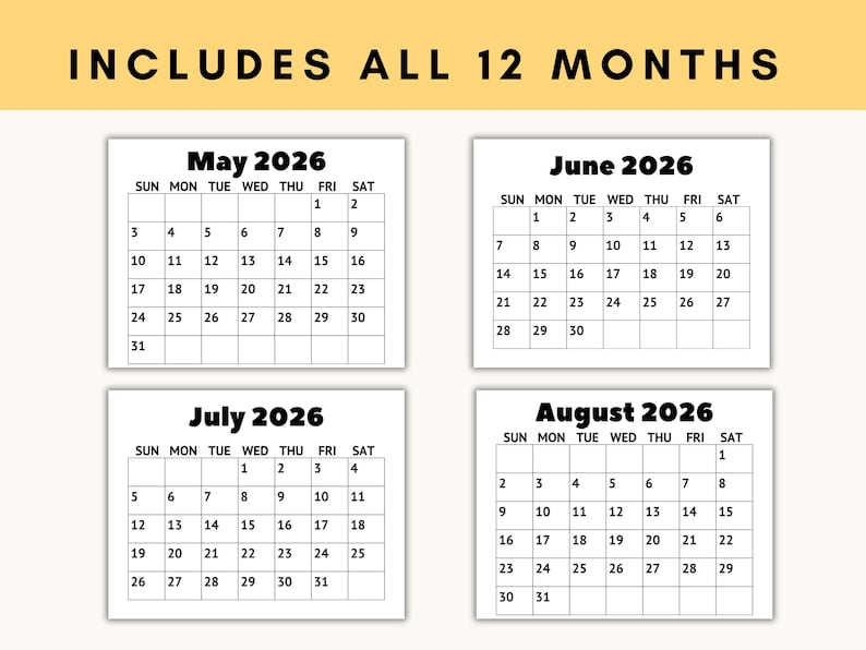 Jumbo print calendar printable showing full year of 12 monthly pages (May - August) with consistent easy read layout