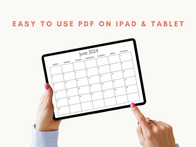 Pu&ograve; includere: Un calendario digitale sullo schermo di un tablet che mostra il mese di giugno 2024. Il calendario &egrave; in un design semplice in bianco e nero con i giorni della settimana etichettati in alto.