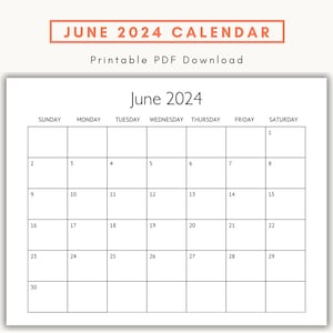 Pu&ograve; includere: Un calendario di giugno 2024 stampabile con un design semplice in bianco e nero. Il calendario &egrave; diviso in sette colonne per ogni giorno della settimana, con i giorni della settimana etichettati in alto. Il calendario &egrave; impostato in un formato a griglia con ogni giorno del mese numerato.