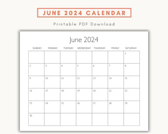 2024 June Calendar, Printable Monthly Calendar, Minimalist Planner, Sunday Start Calendar, US Letter Landscape