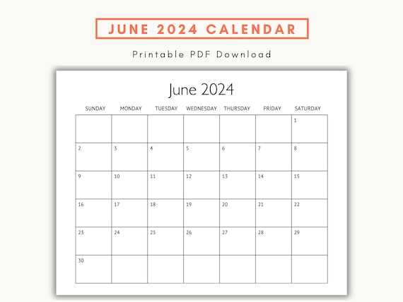 2024 June Calendar, Printable Monthly Calendar, Minimalist Planner, Sunday Start Calendar, US Letter Landscape