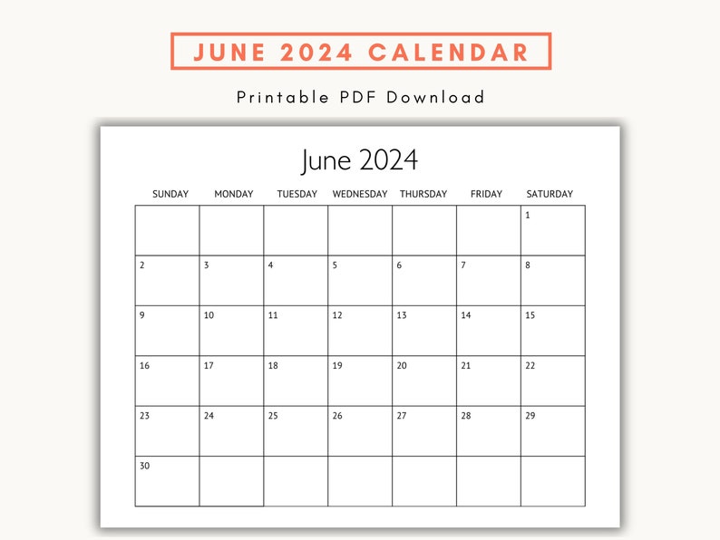 Pu&ograve; includere: Un calendario di giugno 2024 stampabile con un design semplice in bianco e nero. Il calendario &egrave; diviso in sette colonne per ogni giorno della settimana, con i giorni della settimana etichettati in alto. Il calendario &egrave; impostato in un formato a griglia con ogni giorno del mese numerato.