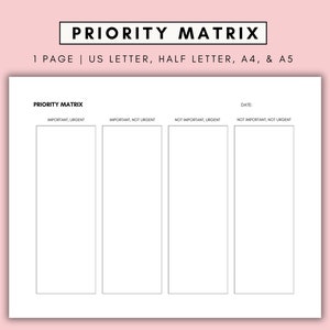 May include: A printable priority matrix template with four quadrants labeled "Important, Urgent", "Important, Not Urgent", "Not Important, Urgent", and "Not Important, Not Urgent".