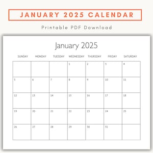 January 2025 Calendar, Printable Monthly Calendar, Minimalist Planner, Sunday Start, US Letter Landscape