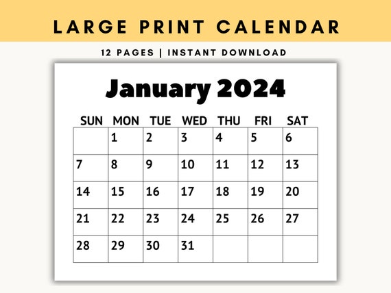 Large Print Calendar, 2024 Monthly Calendar, Calendar for Senior Citizens, Calendar With Large Numbers, Printable Calendar, Sunday Start - Etsy