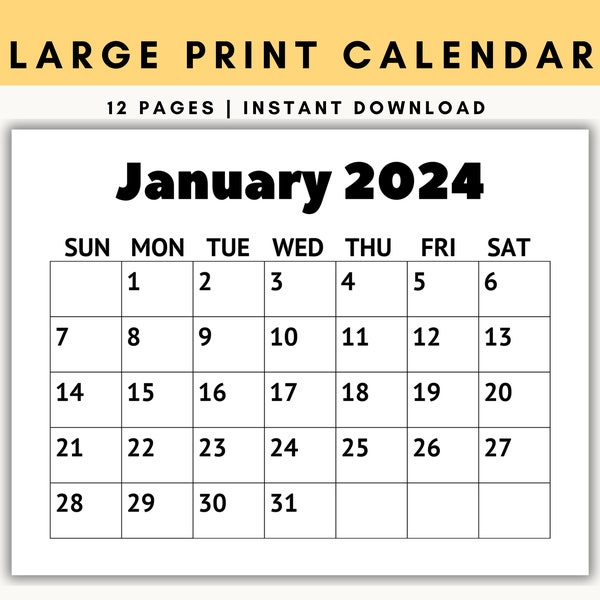 Large Print Calendar, 2024 Monthly Calendar, Calendar for Senior Citizens, Calendar with Large Numbers, Printable Calendar, Sunday Start