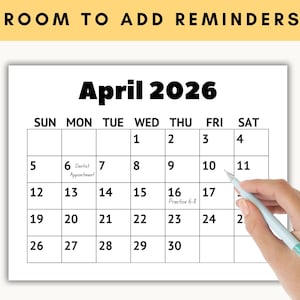 Easy read calendar with spacious date boxes and minimal design, printable monthly planner PDF