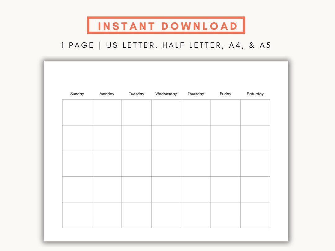 Blank Monthly Calendar Printable, Undated Calendar With Sunday Starts ...