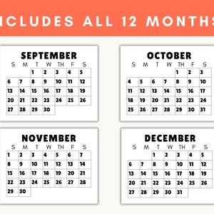 Printable calendar examples for September, October, November, and December showing the jumbo font and numbers.