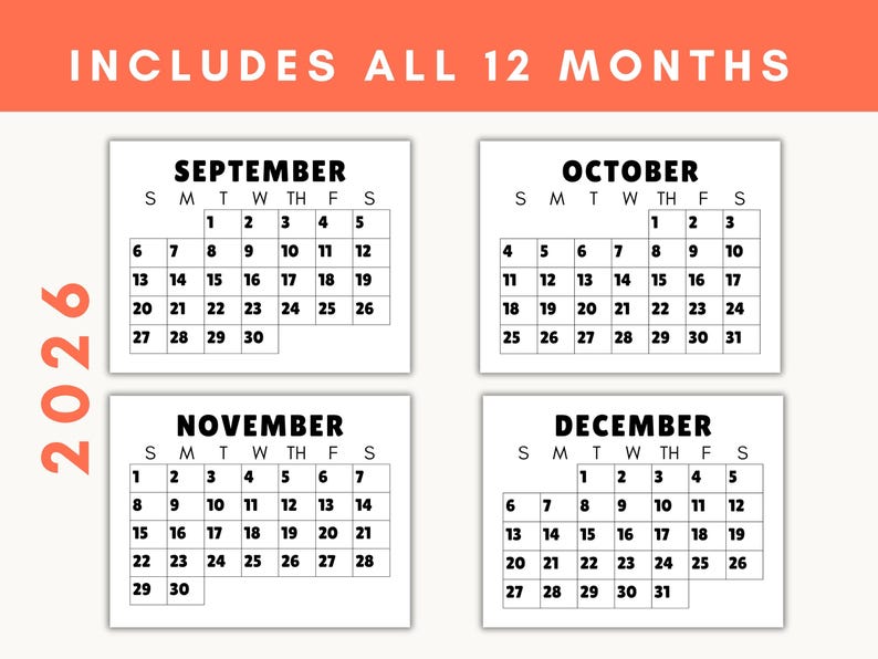 Printable calendar examples for September, October, November, and December showing the jumbo font and numbers.