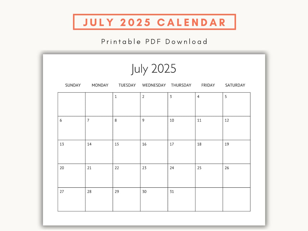 2025 July Calendar, Printable Monthly Calendar, Minimalist Planner