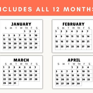 Printable calendar examples for January, February, March, and April showing the large numbers.
