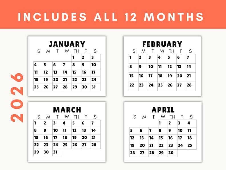 Printable calendar examples for January, February, March, and April showing the large numbers.
