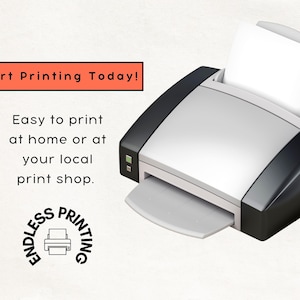 A printer with text explaining you can start printing today and that it's easy to print at home or your local print shop.  You can print as many times as you like.