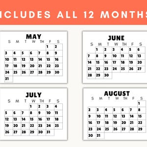 Printable calendar examples for May, June, July, and August showing the large font.