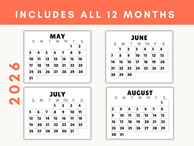 Printable calendar examples for May, June, July, and August showing the large font.
