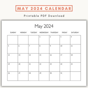 Peut inclure: Un calendrier imprimable pour mai 2024. Le calendrier est en noir et blanc avec un design simple. Les jours de la semaine sont listés en haut, et les numéros de chaque jour sont dans les cases en dessous.