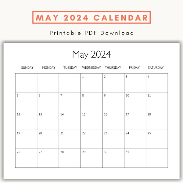 May 2024 Calendar, Printable Monthly Calendar, Minimalist Planner, Sunday Start, US Letter Landscape