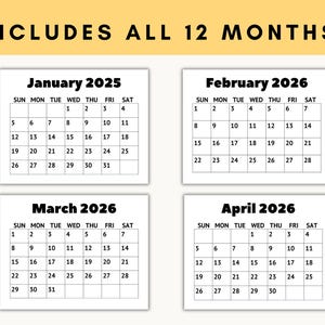 Large print calendar printable showing monthly pages January - April with consistent easy read layout