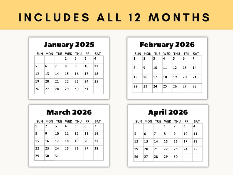 Large print calendar printable showing monthly pages January - April with consistent easy read layout