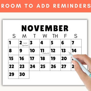 An example of the month of November showing that there is room to add reminders to the printable calendar.