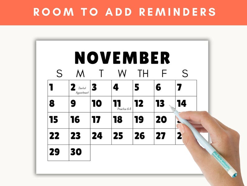An example of the month of November showing that there is room to add reminders to the printable calendar.