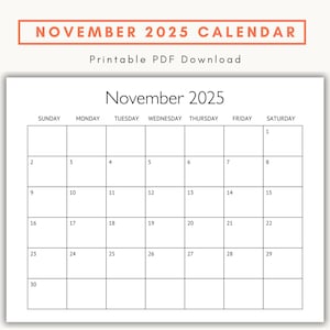 Puede incluir: Un calendario PDF imprimible para noviembre de 2025. El calendario presenta un diseño minimalista con fondo blanco y texto negro. El mes y el año se muestran en la parte superior, con los días de la semana en la fila superior. El calendario incluye el texto "November 2025 Calendar" y "Printable PDF Download".