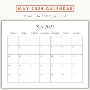 Peut inclure: Un calendrier imprimable pour mai 2025. Le calendrier est en noir et blanc et a un design simple. Les jours de la semaine sont listés en haut, et les numéros de chaque jour sont dans les cases en dessous.