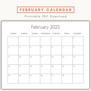 Könnte beinhalten: Ein druckbarer Februar-Kalender 2025 mit einem einfachen, klaren Design. Der Kalender ist in sieben Spalten für jeden Wochentag unterteilt, wobei die Wochentage oben beschriftet sind. Der Kalender ist in Schwarzweiß.