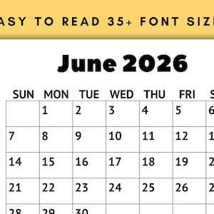 Senior friendly large print calendar with big text and uncluttered layout for easy visibility