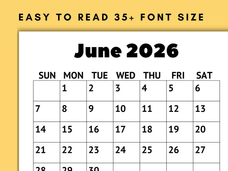 Senior friendly large print calendar with big text and uncluttered layout for easy visibility