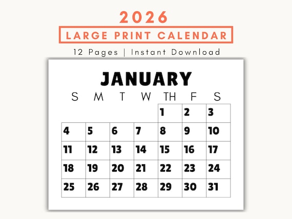 Large Print Monthly Calendar 2026 | Easy to Read Senior Calendar | Big Font Printable 2026 Calendar PDF