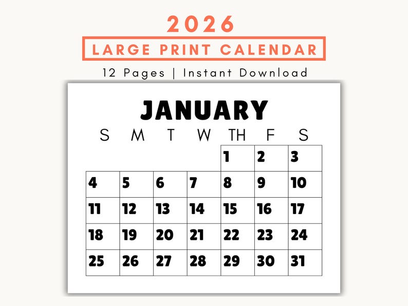 2026 Large Print Calendar that starts in January.  Text notes it's 12 pages and an instant download.