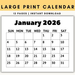 Large print calendar printable with big bold numbers and clean monthly layout, easy read wall calendar PDF