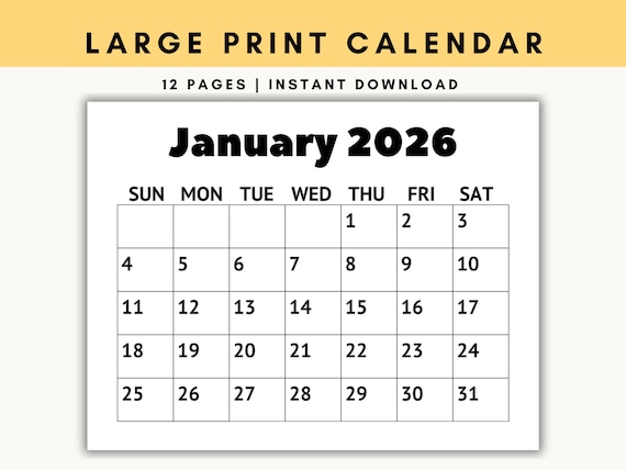 Large Print Calendar 2026 Printable | Easy Read Monthly Wall Calendar | Big Numbers Simple Layout | Instant Download