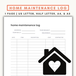 Puede incluir: Una plantilla de registro de mantenimiento del hogar imprimible con un icono de casa en blanco y negro con un corazón en su interior. La plantilla incluye secciones para la dirección, el año de construcción, el año de compra, el seguro, la fecha, el artículo, la descripción, el costo y el contratista.