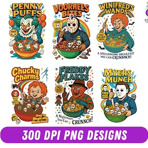 Funny Horror Character Cereal Png Bundle, Cereal Killers Png, Horror Movie Characters Png, Scary Movies, Spooky Season, Halloween Movie Png
